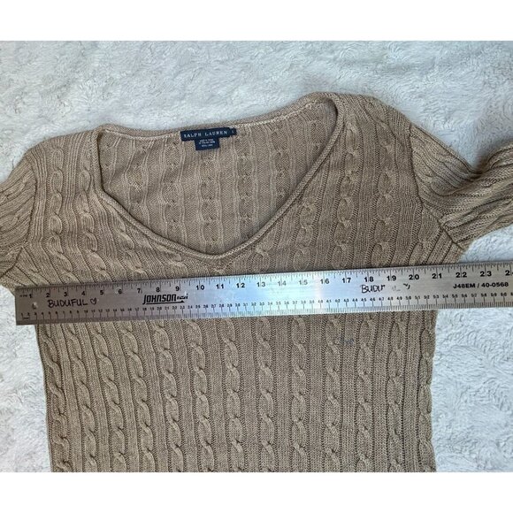 Ralph Lauren Women Italian Yarn Linen Cable-Knit V-Neck Sweater Large Tan Casual - Picture 6 of 8